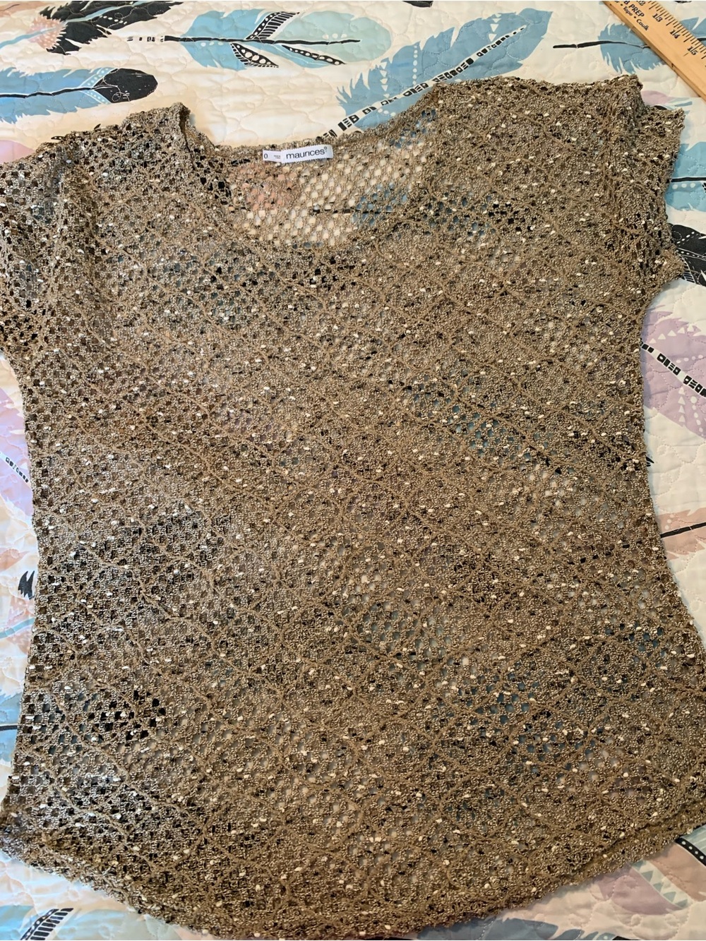 Maurices Metallic Knit Openwork Short Sleeve Top - Khaki/Gold